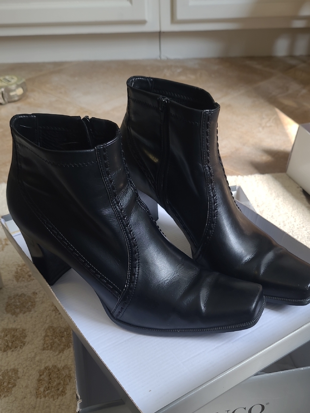 Franco Sarto Black Leather Square-Toe Ankle Booties - Picture 2 of 12